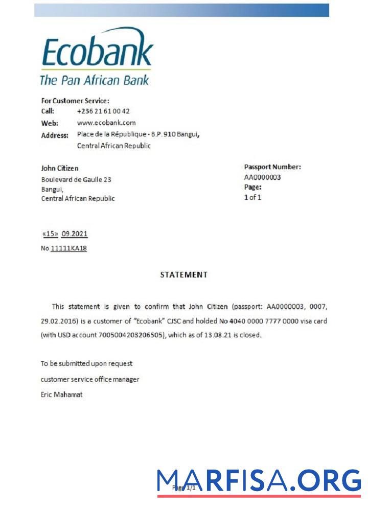 Downloadable Central African Republic Ecobank closure reference template